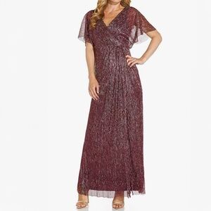 Adrianna Papell - Shimmery Blouson V-Neck Flutter Sleeve Gown